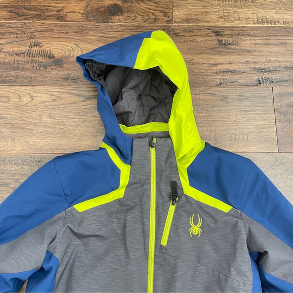 Spyder Leader Kids Ski Puffer Jacket - Gray, Blue, and Neon Yellow size 20 - Picture 4 of 14